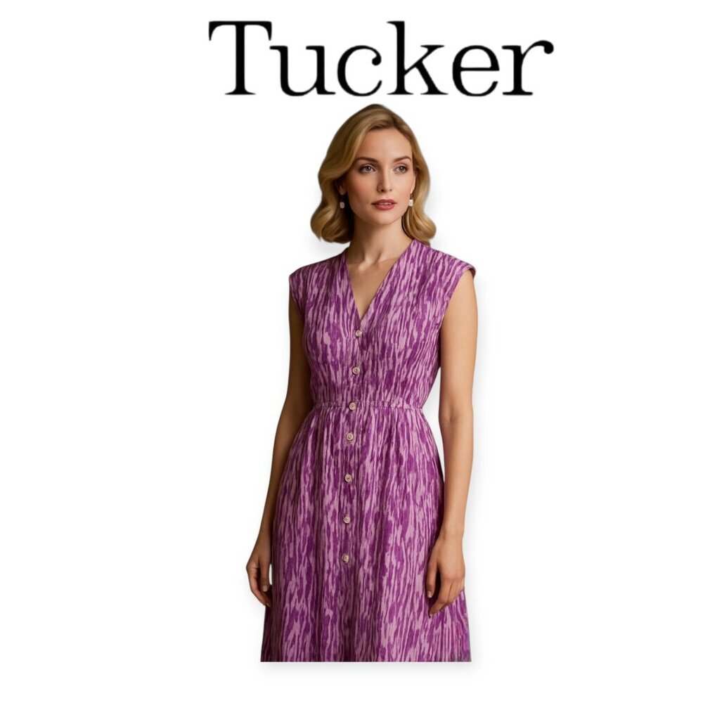 Tucker Silk Zebra Print Belted Midi Shirt Dress Sleeveless Purple Tie Waist M